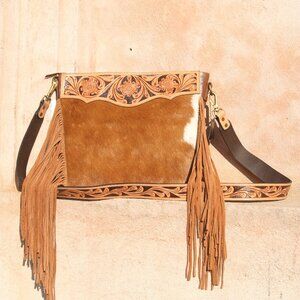 Genuine Hair On Cowhide Purse, Hand Tooled Leather Bag, Western Leather Bag
